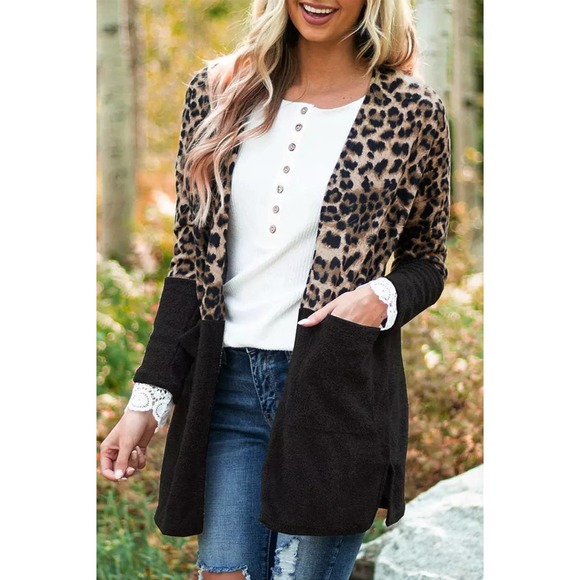 Passion of Essence Sweaters - Black Leopard Print Patchwork Pocket Cardigan